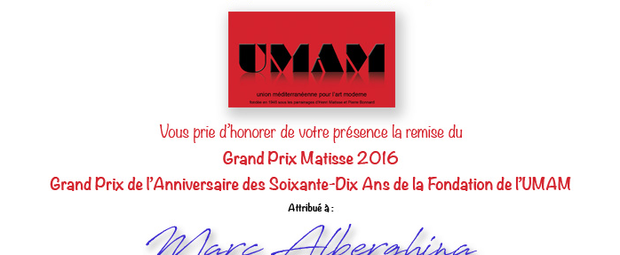 Marc Alberghina va recevoir le grand prix Matisse des soixante-dix ans de l'UMAM le 20 octobre